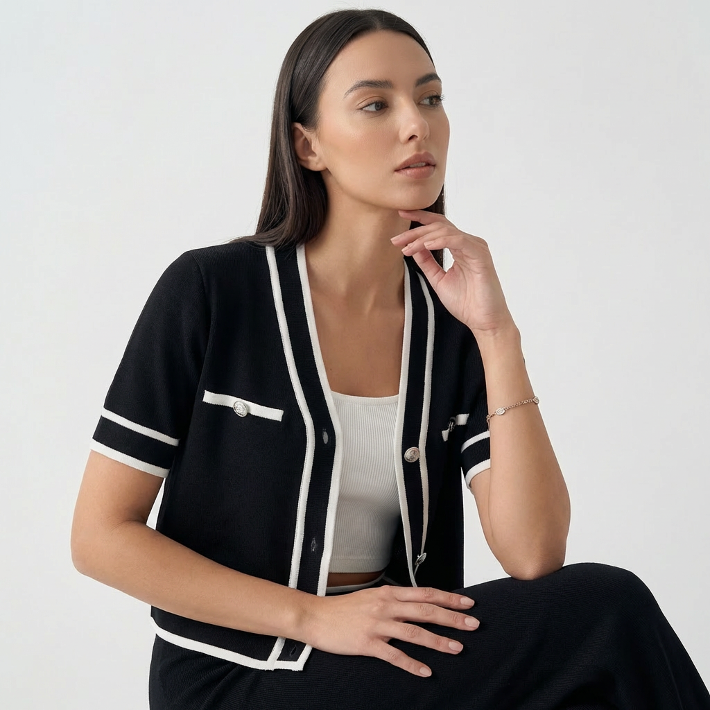 Rivaclo | Cardigan Femme en Maille Col V – Manches Courtes Boutonné