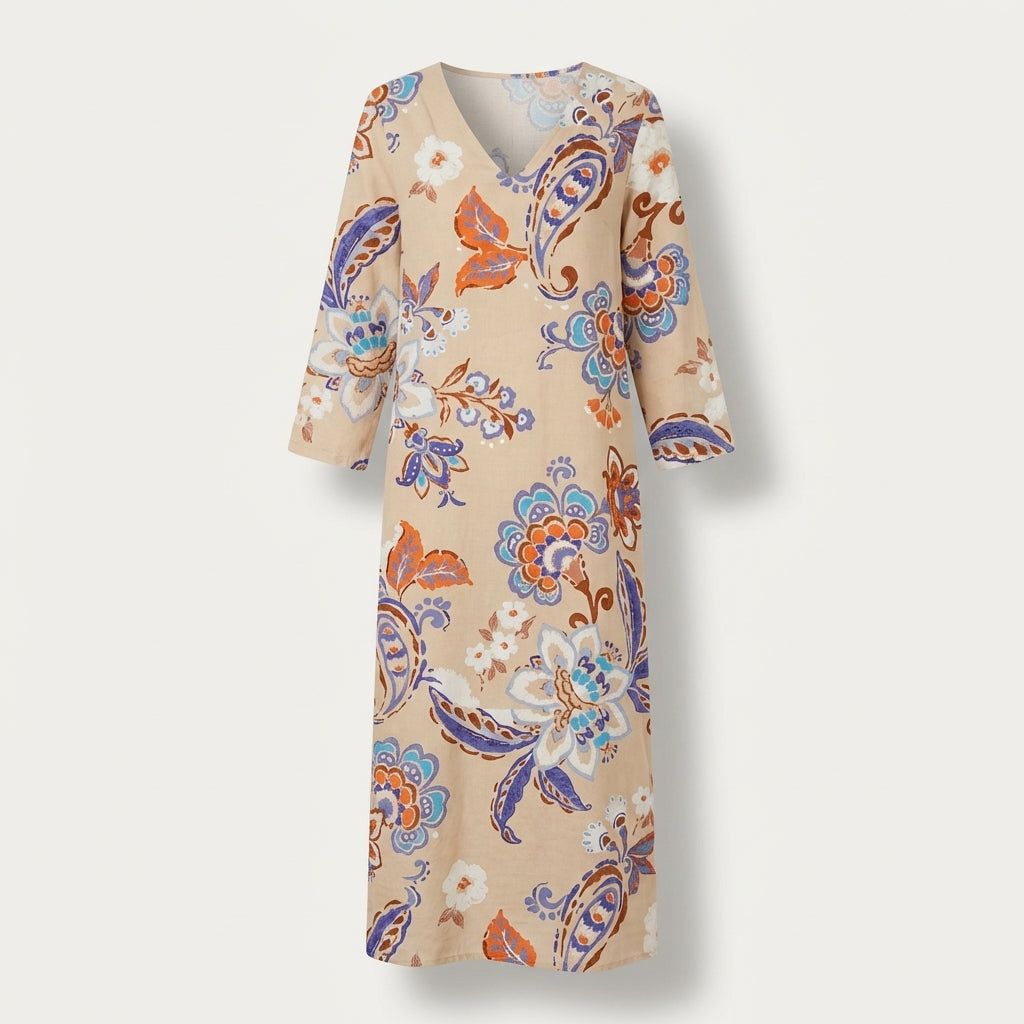 Femme Robe Midi Imprimée à Col V à Manches Longues | Style Décontracté