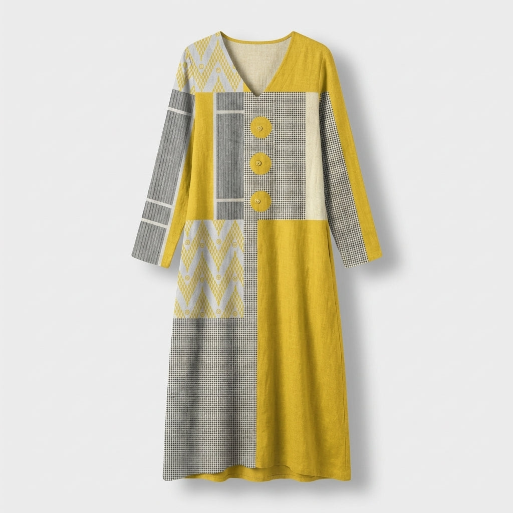 Femme Robe Midi Imprimée à Col V à Manches Longues | Style Décontracté