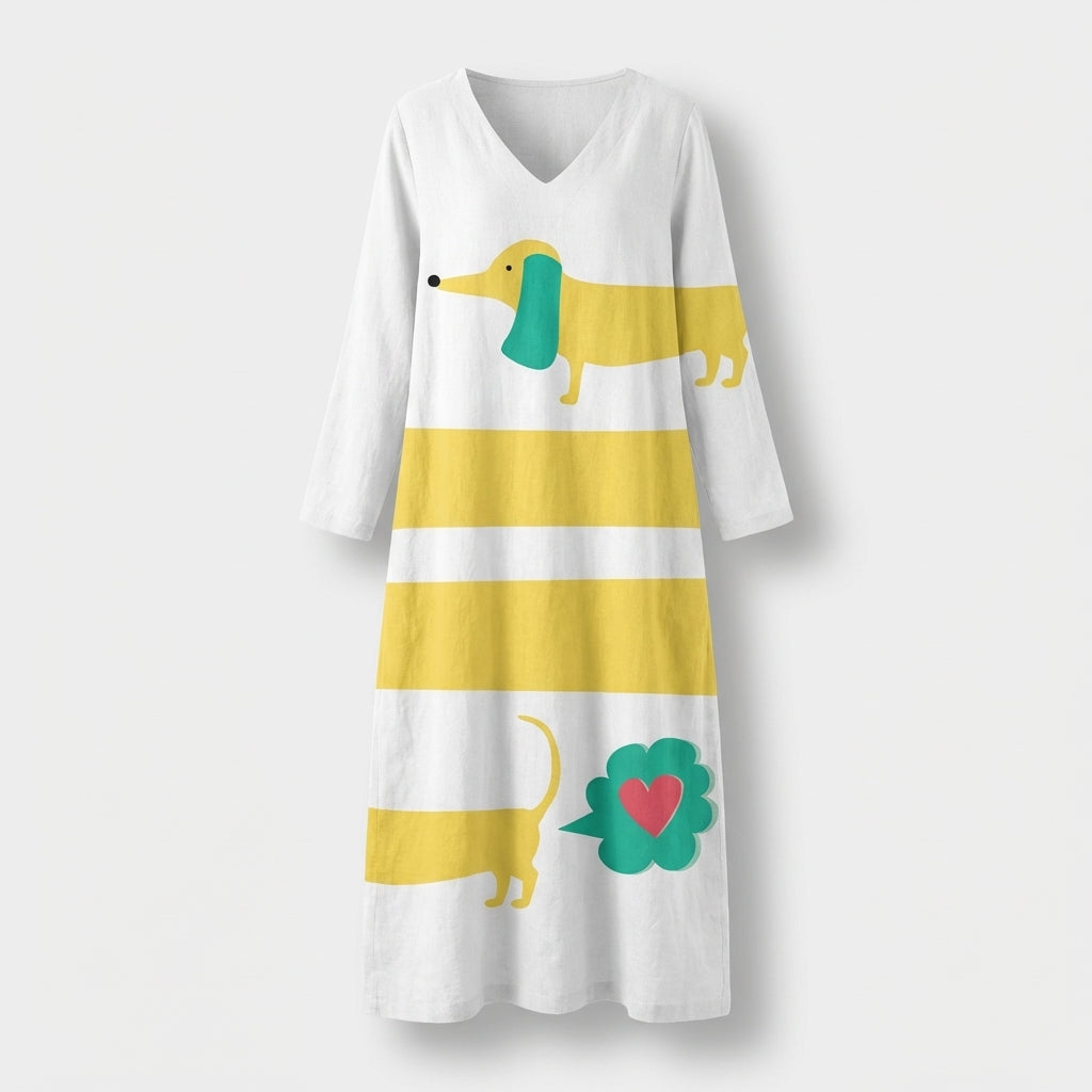 Femme Robe Midi Imprimée à Col V à Manches Longues | Style Décontracté