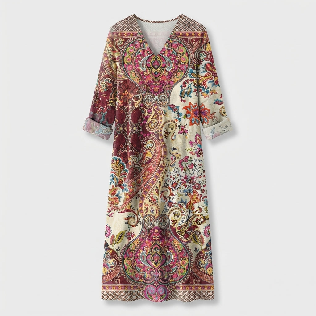 Femme Robe Midi Imprimée à Col V à Manches Longues | Style Décontracté