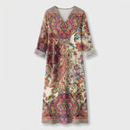 Femme Robe Midi Imprimée à Col V à Manches Longues | Style Décontracté