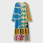 Femme Robe Midi Imprimée à Col V à Manches Longues | Style Décontracté