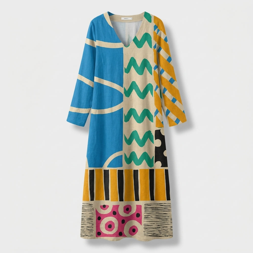 Femme Robe Midi Imprimée à Col V à Manches Longues | Style Décontracté