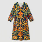 Femme Robe Midi Imprimée à Col V à Manches Longues | Style Décontracté