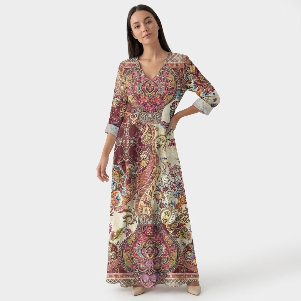 Femme Robe Midi Imprimée à Col V à Manches Longues | Style Décontracté