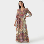 Femme Robe Midi Imprimée à Col V à Manches Longues | Style Décontracté