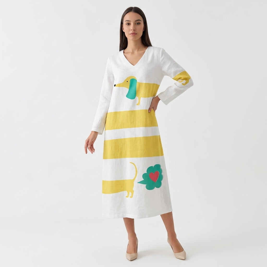 Femme Robe Midi Imprimée à Col V à Manches Longues | Style Décontracté