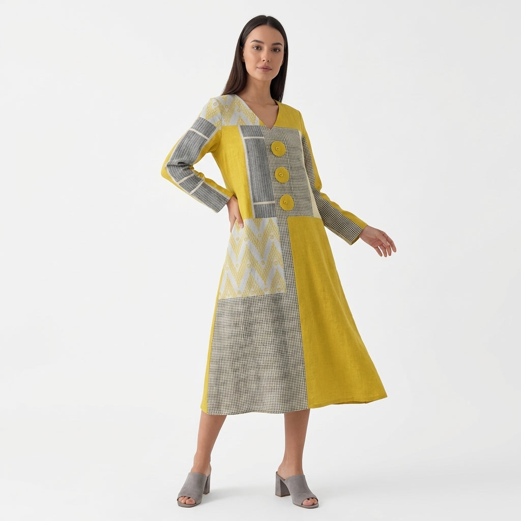 Femme Robe Midi Imprimée à Col V à Manches Longues | Style Décontracté