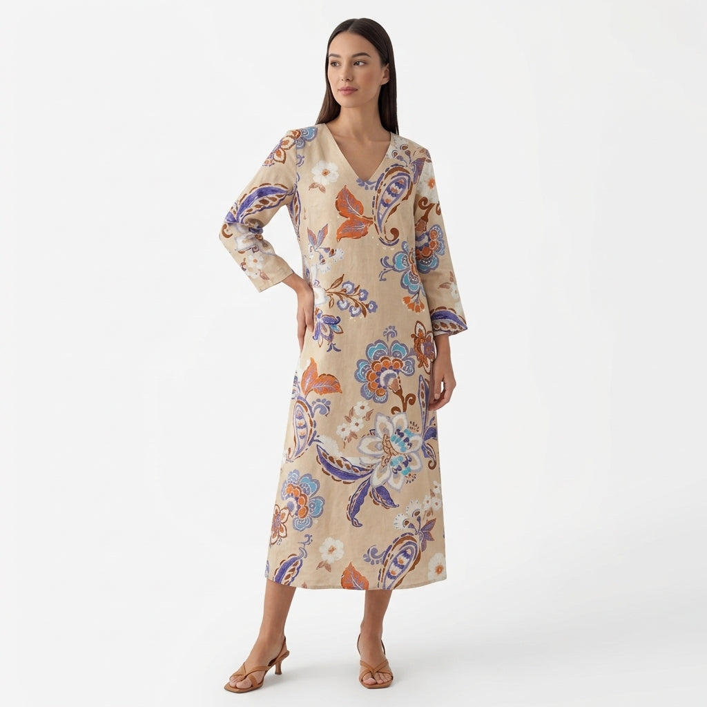 Femme Robe Midi Imprimée à Col V à Manches Longues | Style Décontracté