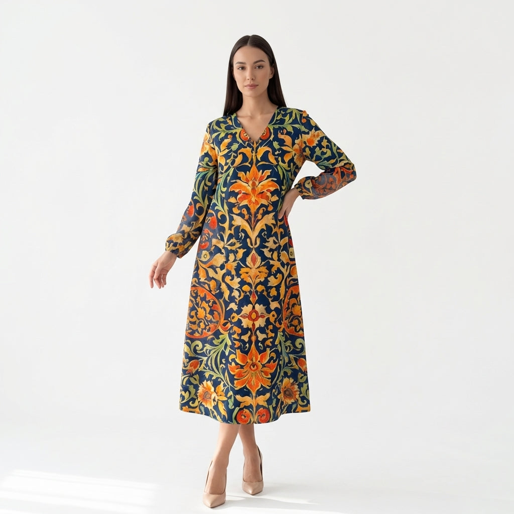 Femme Robe Midi Imprimée à Col V à Manches Longues | Style Décontracté