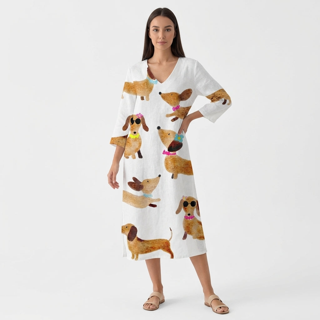 Femme Robe Midi Imprimée à Col V à Manches Longues | Style Décontracté