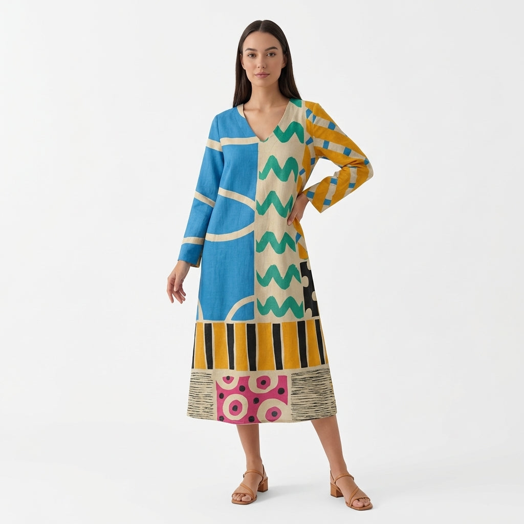 Femme Robe Midi Imprimée à Col V à Manches Longues | Style Décontracté