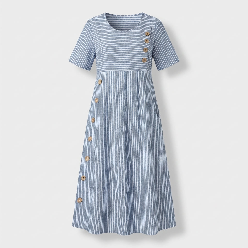 Femme Robe Midi Rayée à Col Rond à Manches Courtes | Design à Boutons