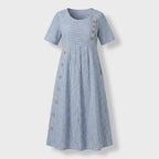 Femme Robe Midi Rayée à Col Rond à Manches Courtes | Design à Boutons