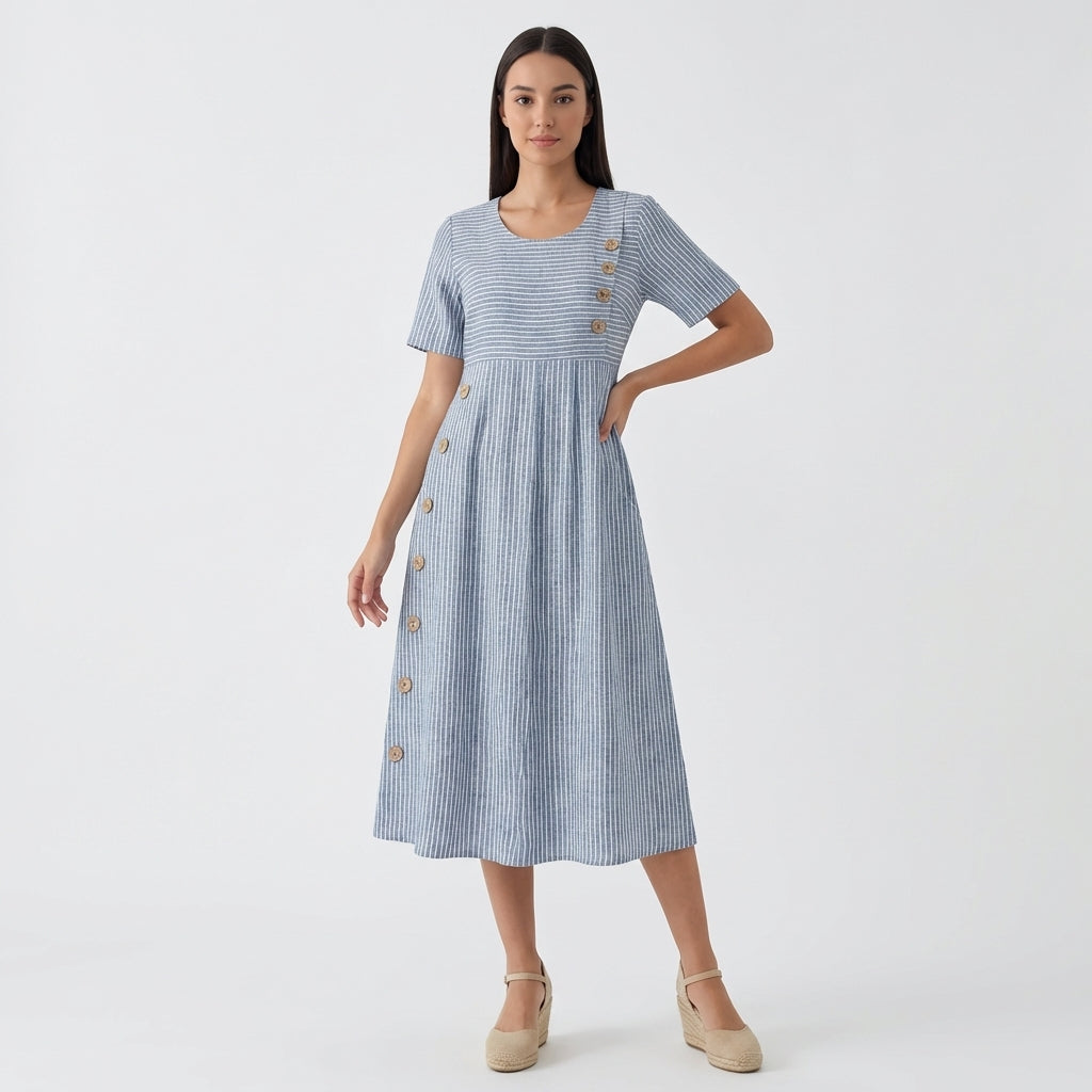 Femme Robe Midi Rayée à Col Rond à Manches Courtes | Design à Boutons