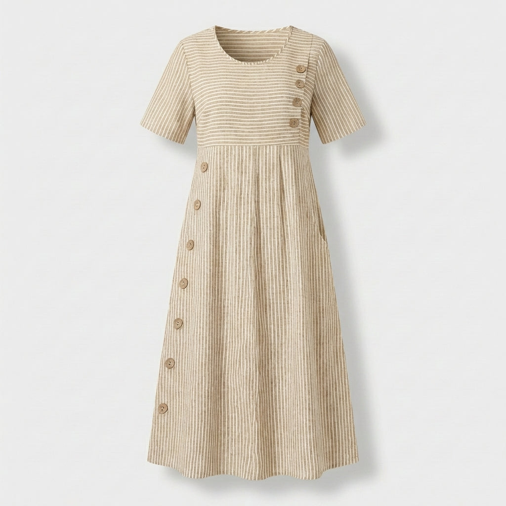 Femme Robe Midi Rayée à Col Rond à Manches Courtes | Design à Boutons