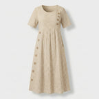 Femme Robe Midi Rayée à Col Rond à Manches Courtes | Design à Boutons