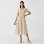 Femme Robe Midi Rayée à Col Rond à Manches Courtes | Design à Boutons