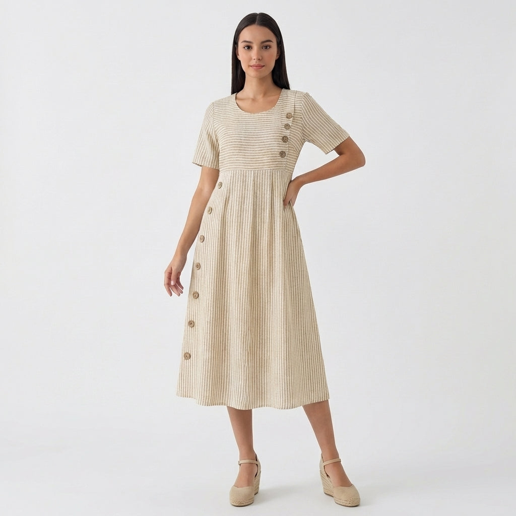 Femme Robe Midi Rayée à Col Rond à Manches Courtes | Design à Boutons