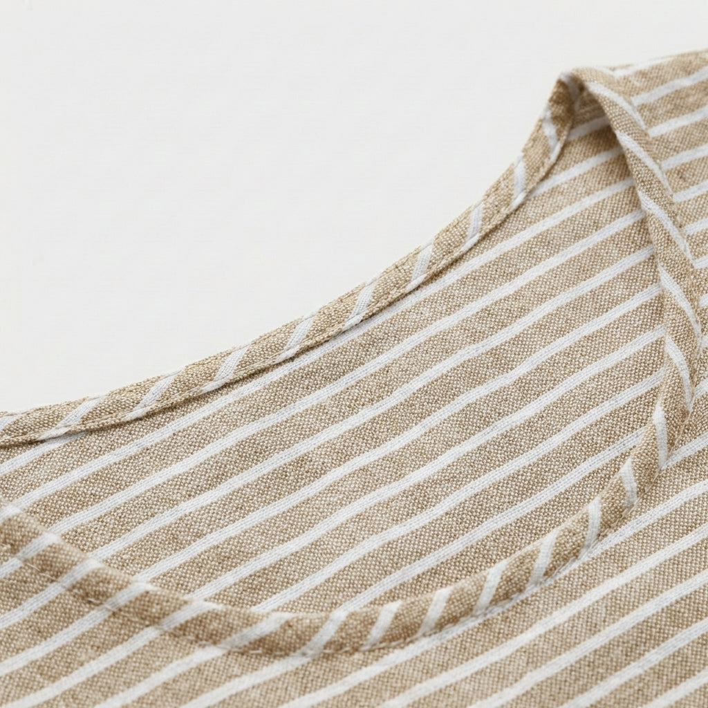 Femme Robe Midi Rayée à Col Rond à Manches Courtes | Design à Boutons