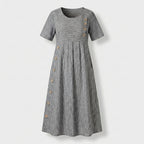 Femme Robe Midi Rayée à Col Rond à Manches Courtes | Design à Boutons