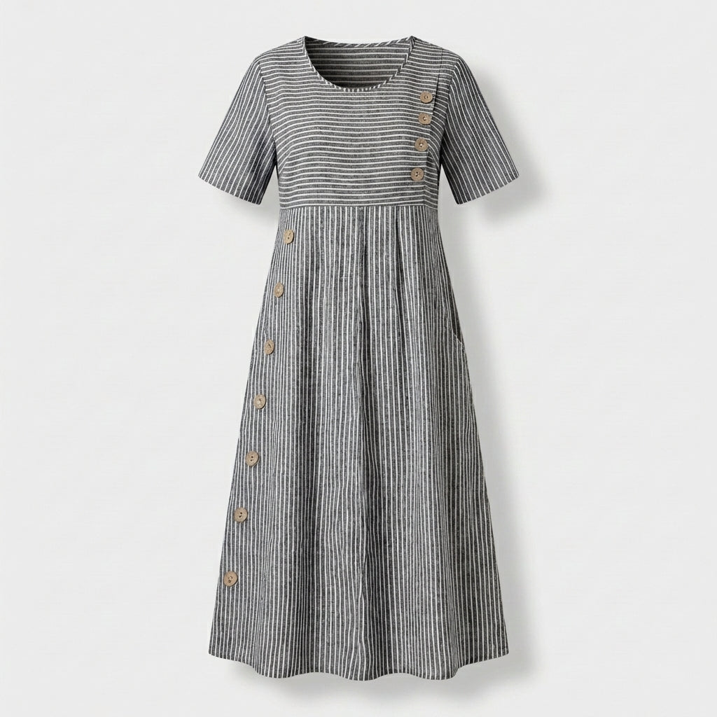 Femme Robe Midi Rayée à Col Rond à Manches Courtes | Design à Boutons