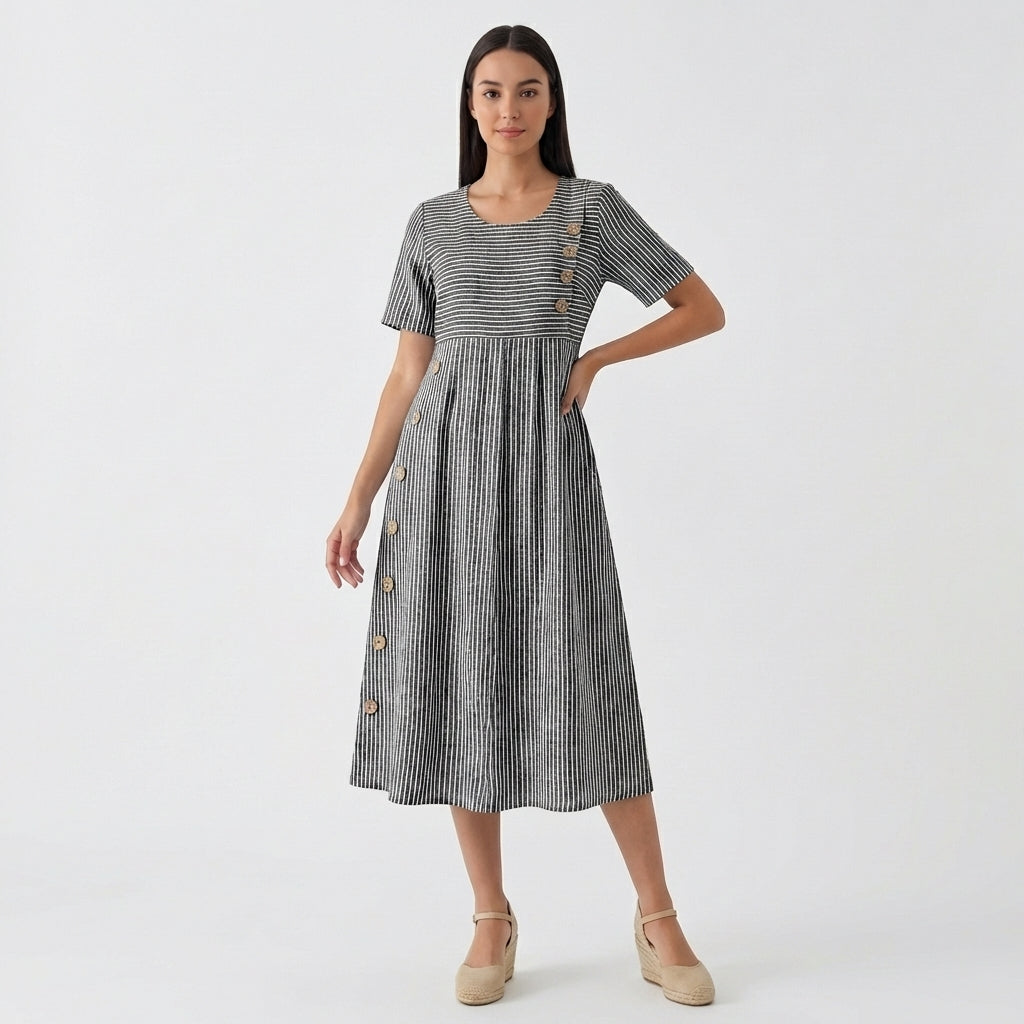 Femme Robe Midi Rayée à Col Rond à Manches Courtes | Design à Boutons