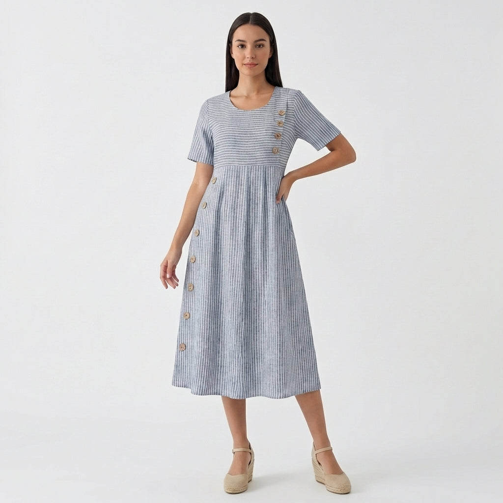 Femme Robe Midi Rayée à Col Rond à Manches Courtes | Design à Boutons