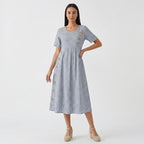 Femme Robe Midi Rayée à Col Rond à Manches Courtes | Design à Boutons