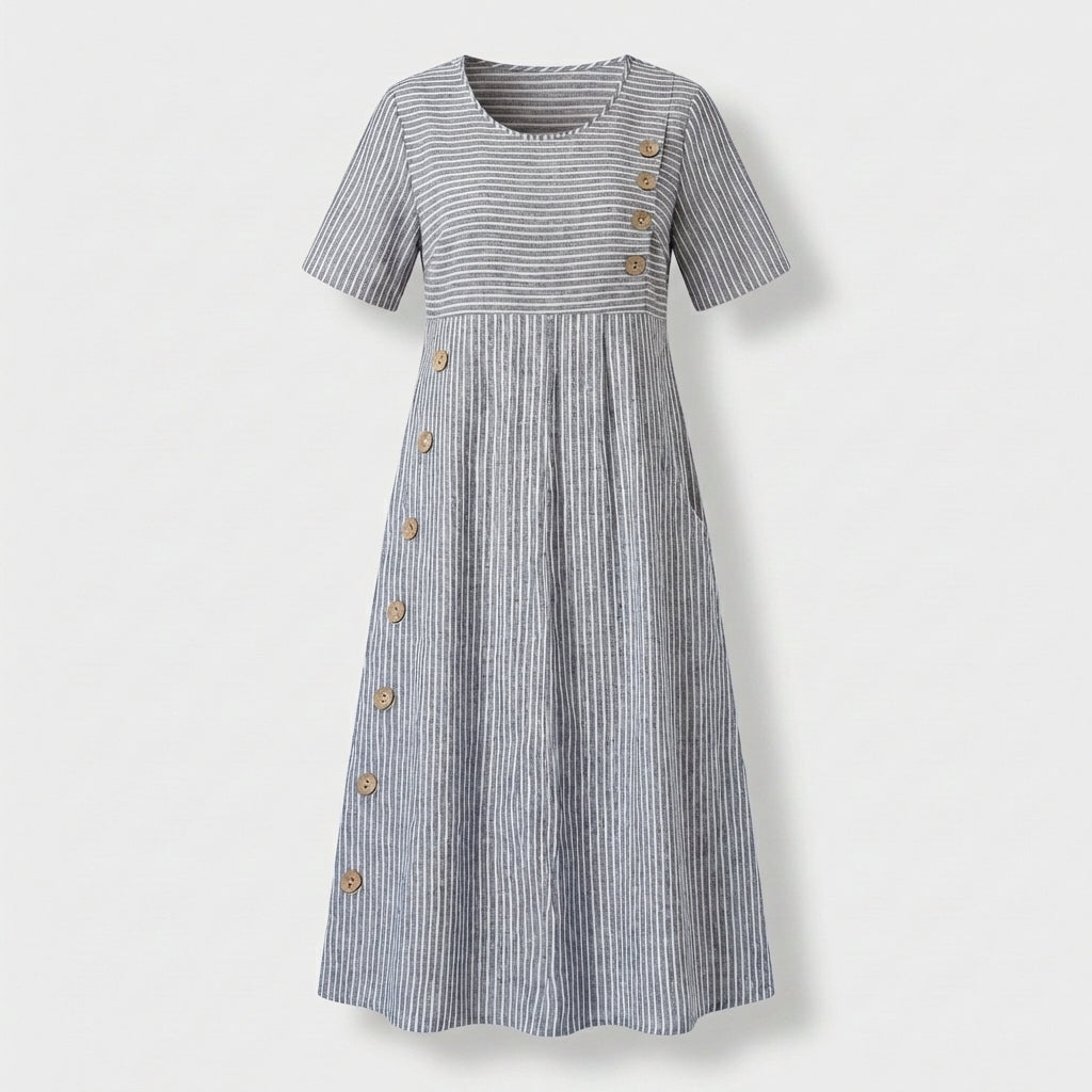 Femme Robe Midi Rayée à Col Rond à Manches Courtes | Design à Boutons