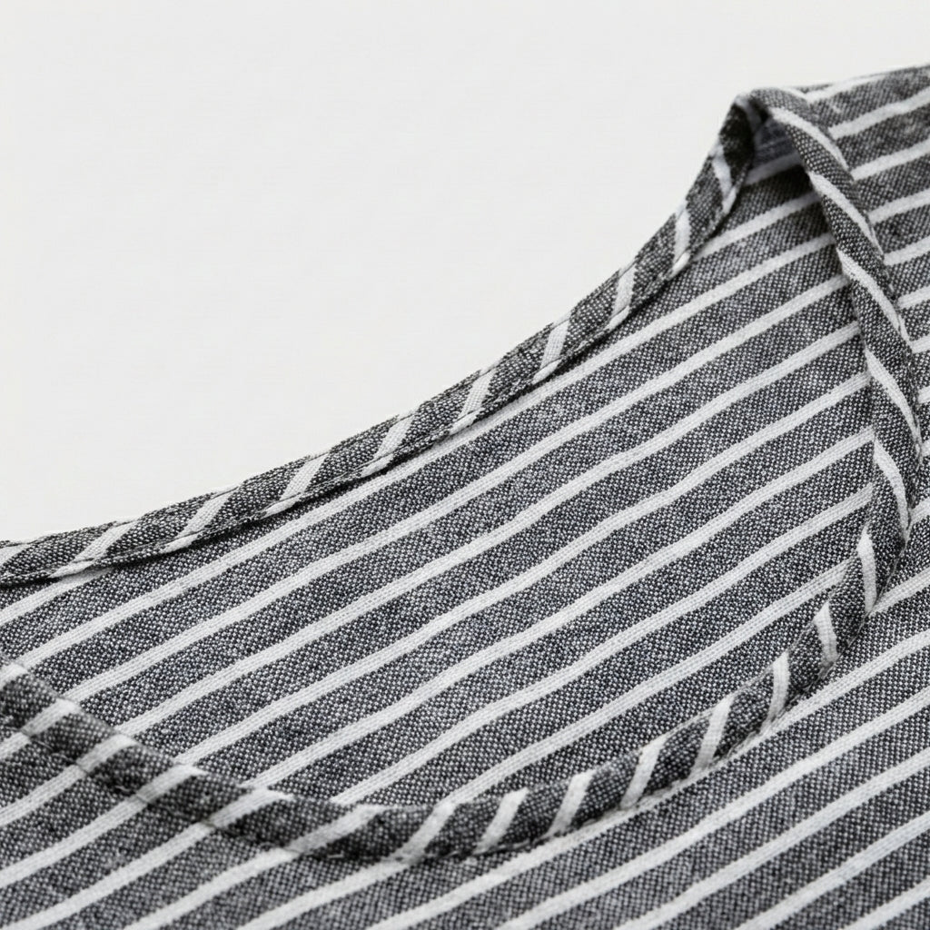 Femme Robe Midi Rayée à Col Rond à Manches Courtes | Design à Boutons