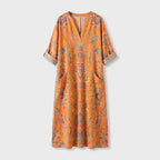 Femme Robe Maxi à Col V à Manches 3/4 avec Poches | Style Vintage