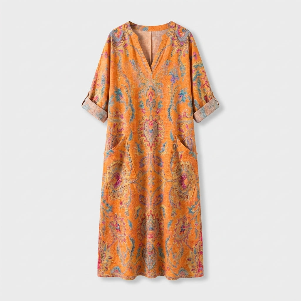 Femme Robe Maxi à Col V à Manches 3/4 avec Poches | Style Vintage