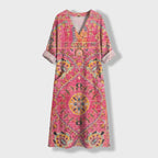 Femme Robe Maxi à Col V à Manches 3/4 avec Poches | Style Vintage