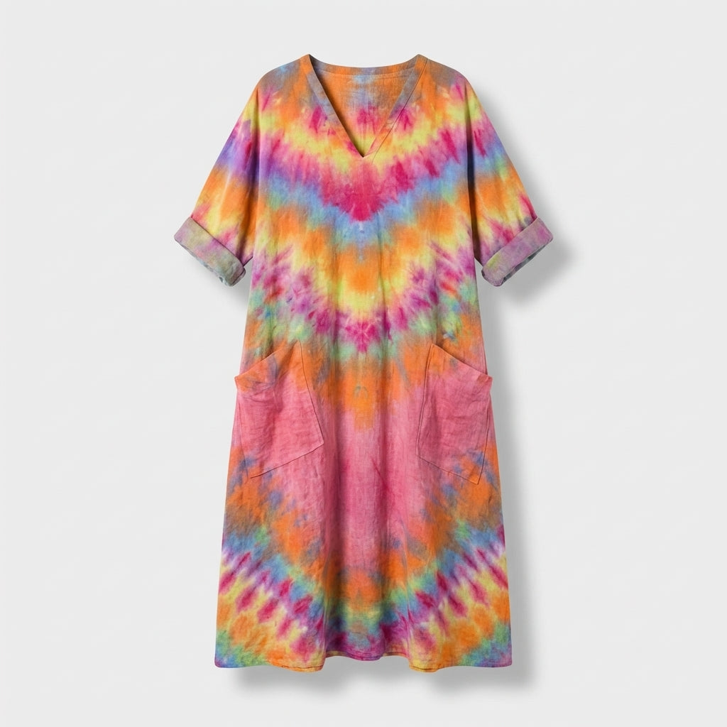 Femme Robe Maxi à Col V à Manches 3/4 avec Poches | Style Vintage