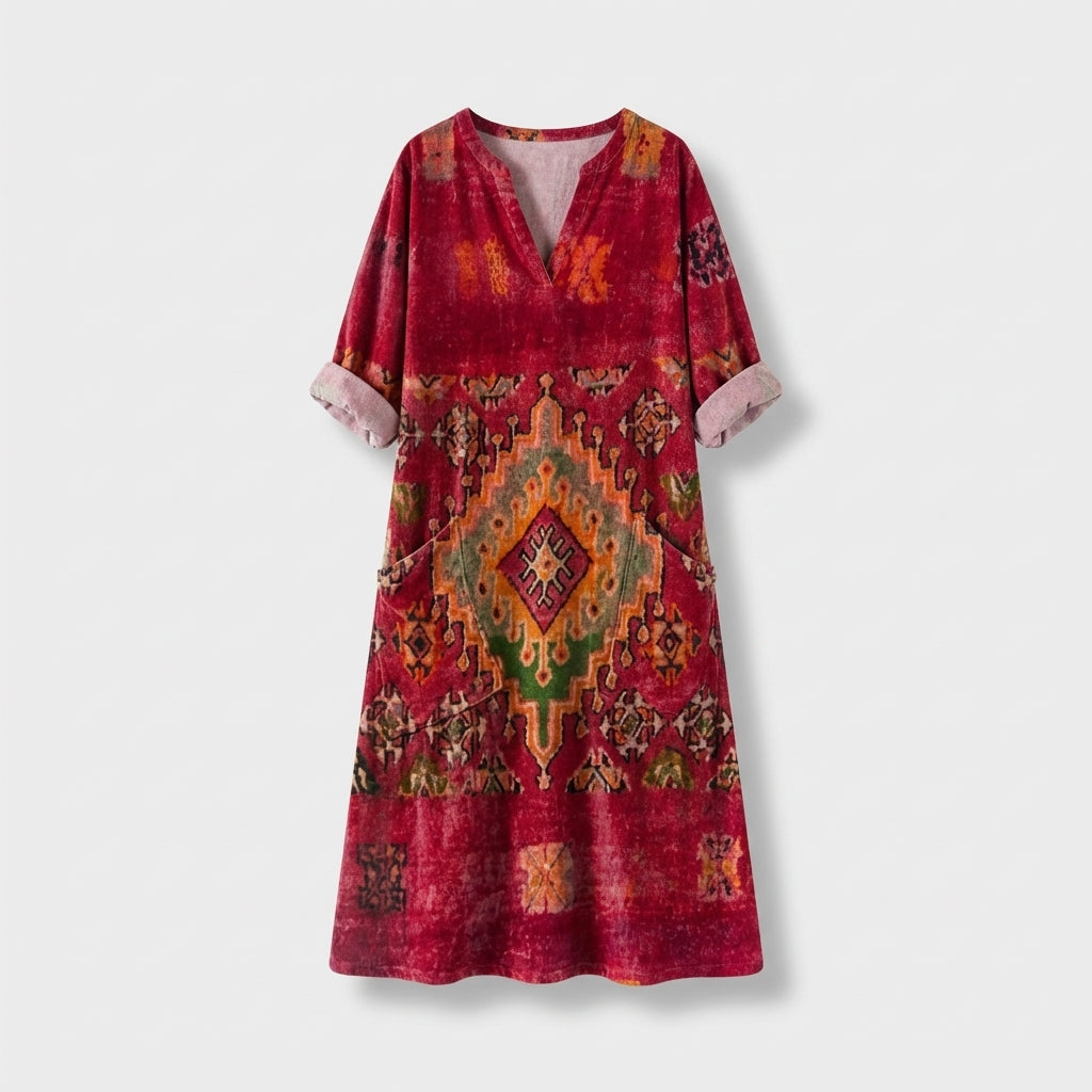 Femme Robe Maxi à Col V à Manches 3/4 avec Poches | Style Vintage