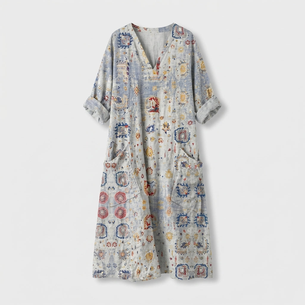 Femme Robe Maxi à Col V à Manches 3/4 avec Poches | Style Vintage