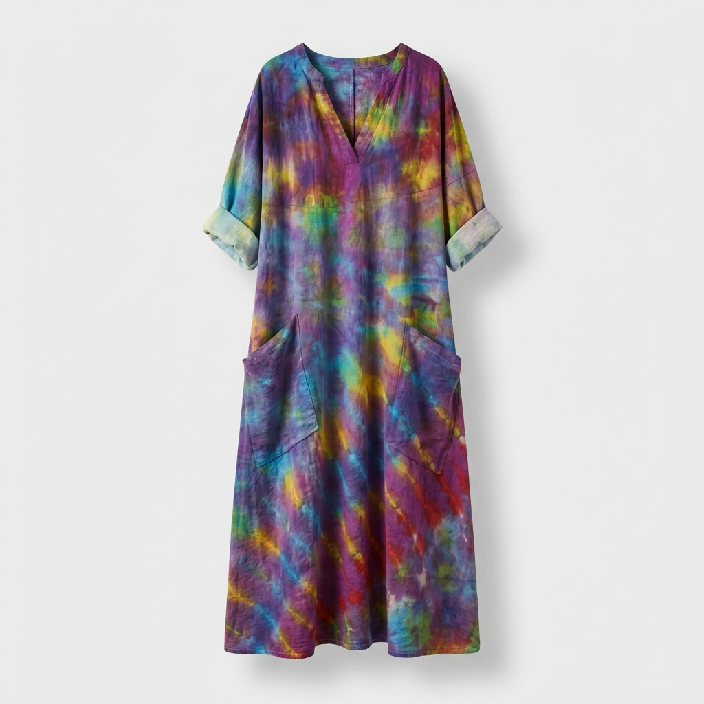 Femme Robe Maxi à Col V à Manches 3/4 avec Poches | Style Vintage