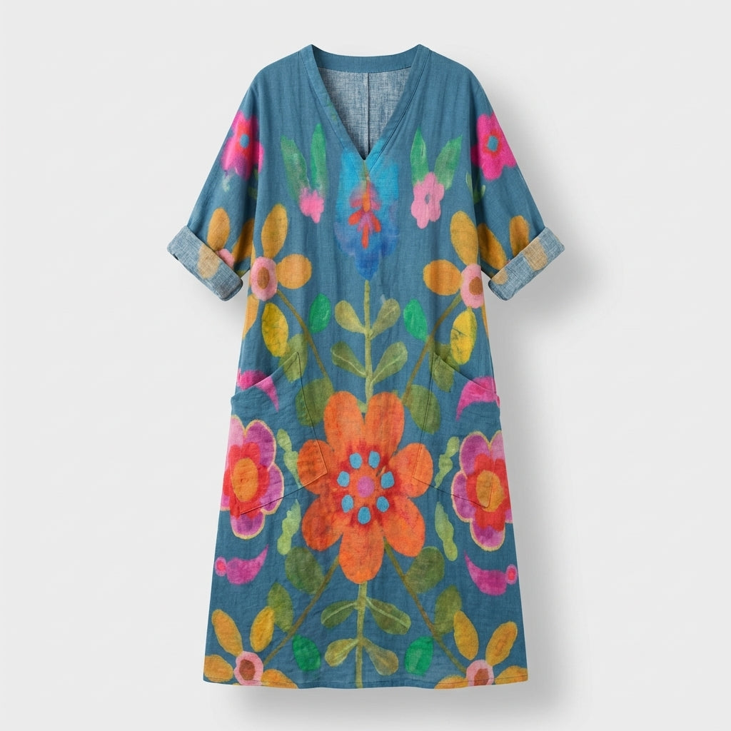 Femme Robe Maxi à Col V à Manches 3/4 avec Poches | Style Vintage