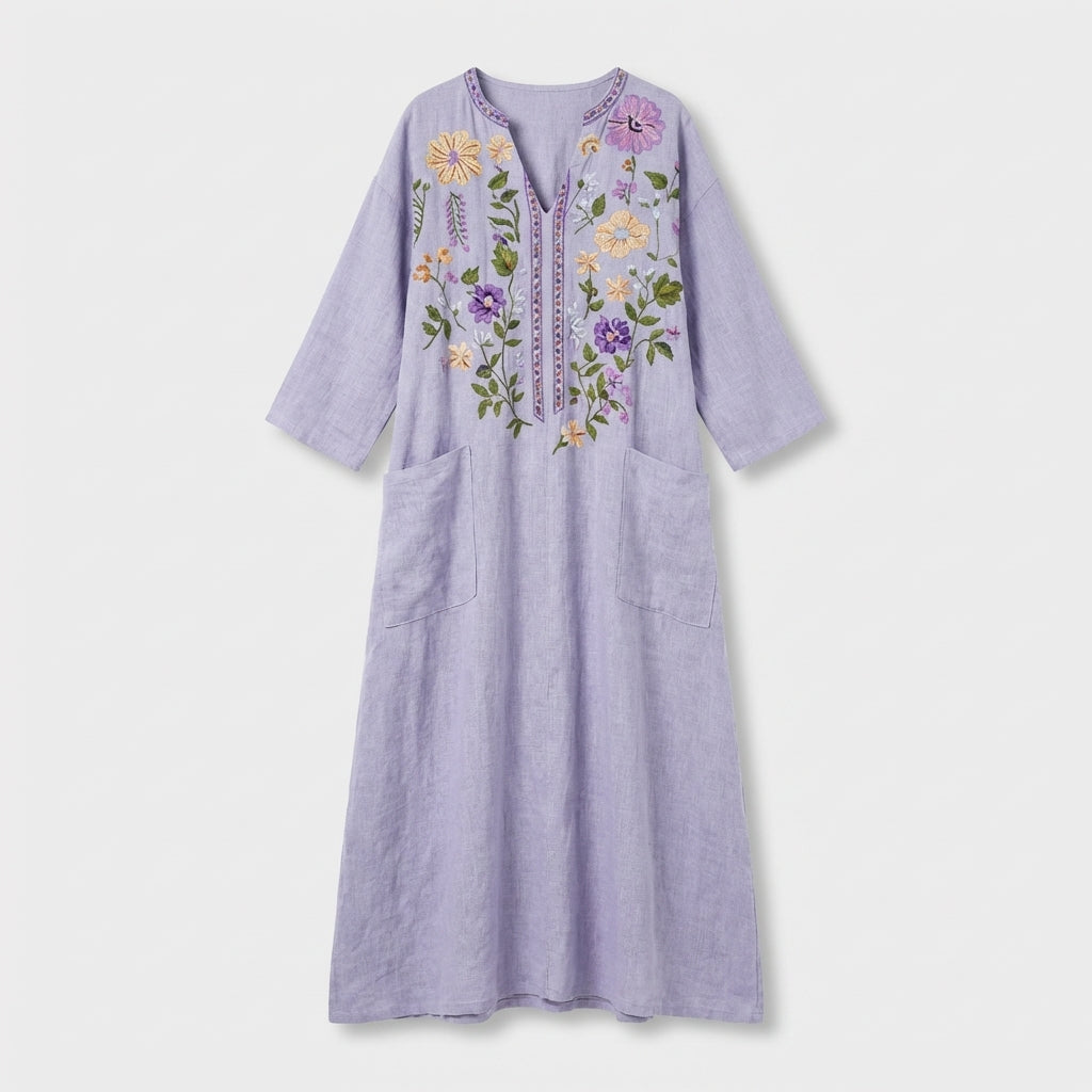 Femme Robe Maxi à Col V à Manches 3/4 avec Poches | Style Vintage