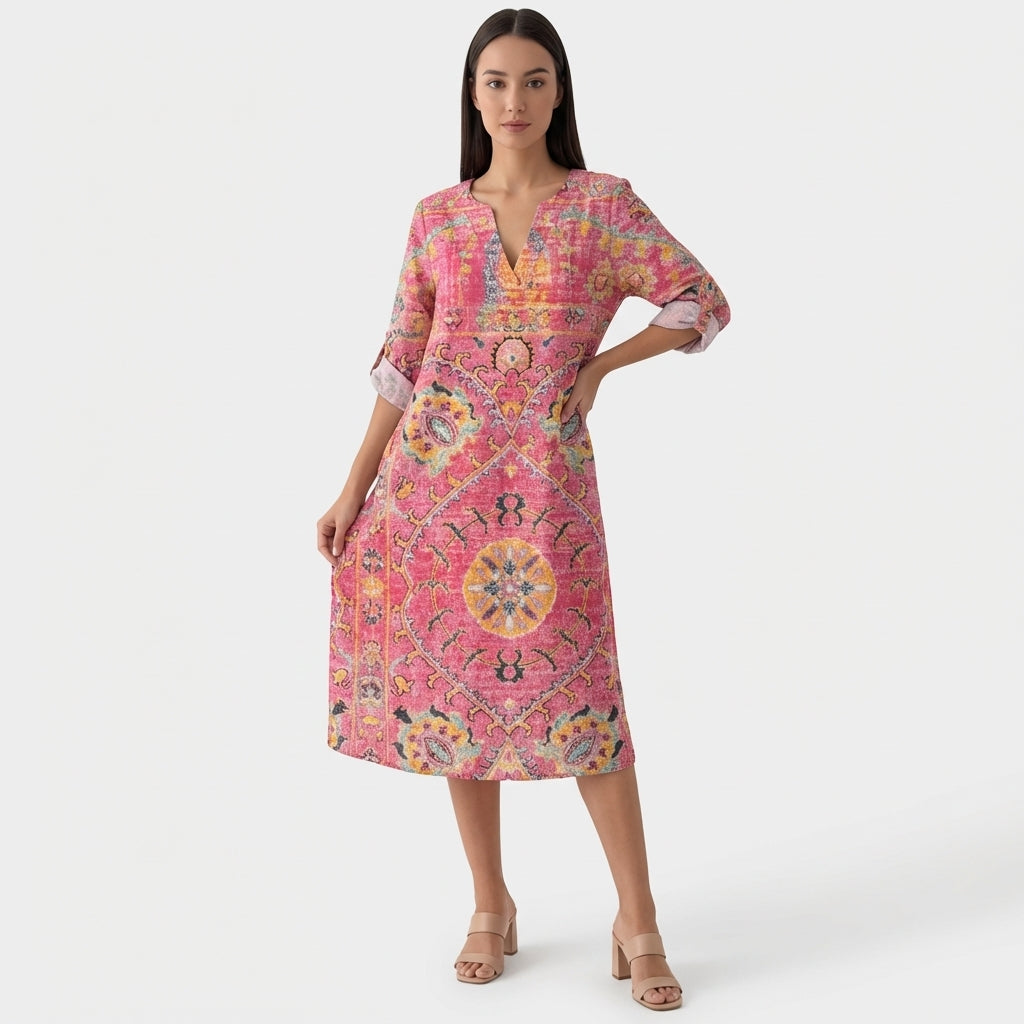 Femme Robe Maxi à Col V à Manches 3/4 avec Poches | Style Vintage