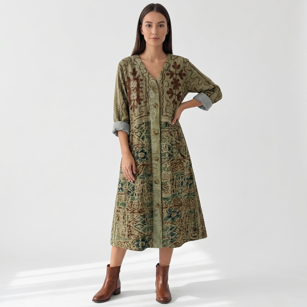 Femme Robe Maxi à Col V à Manches 3/4 avec Poches | Style Vintage