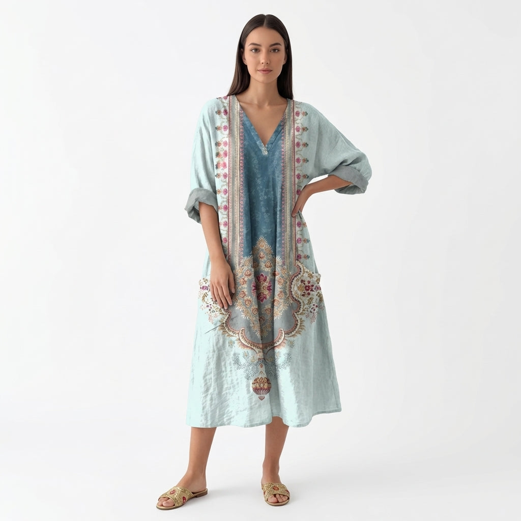 Femme Robe Maxi à Col V à Manches 3/4 avec Poches | Style Vintage