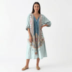 Femme Robe Maxi à Col V à Manches 3/4 avec Poches | Style Vintage