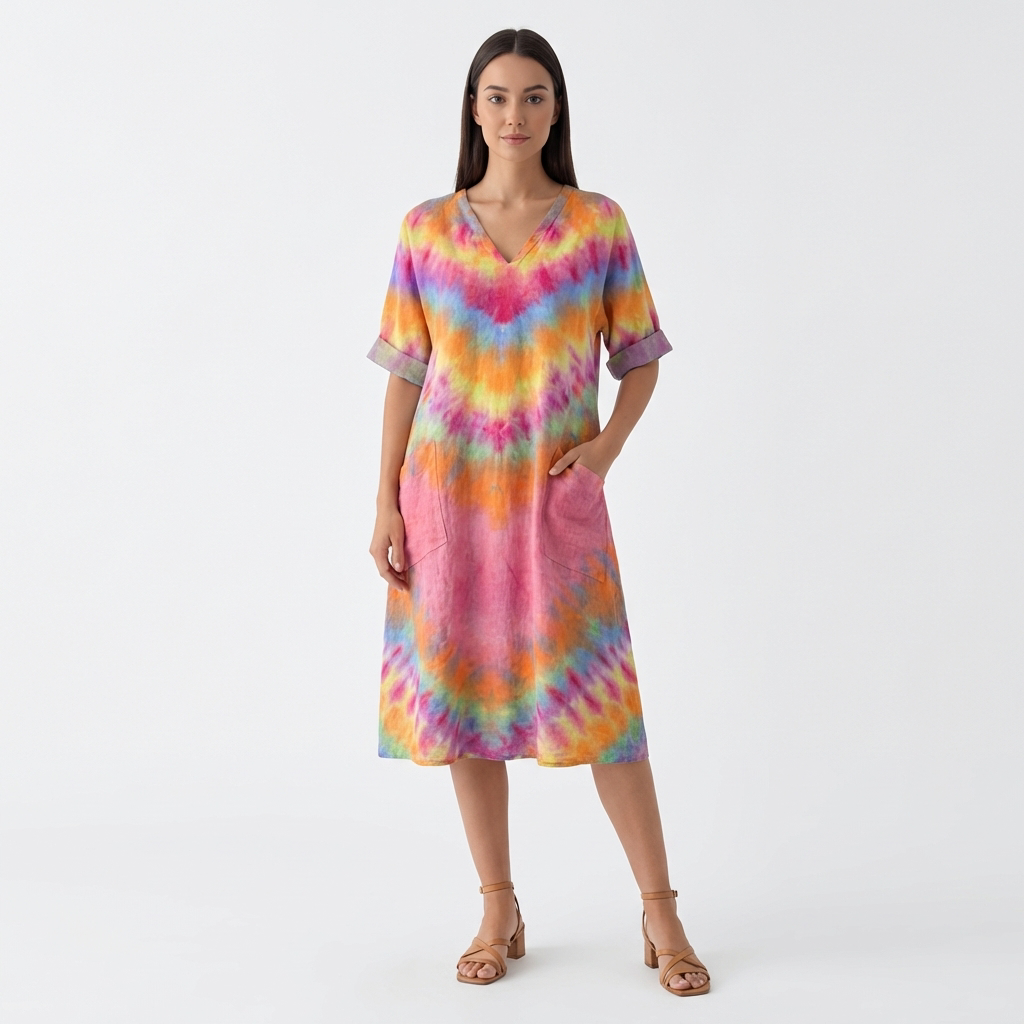 Femme Robe Maxi à Col V à Manches 3/4 avec Poches | Style Vintage