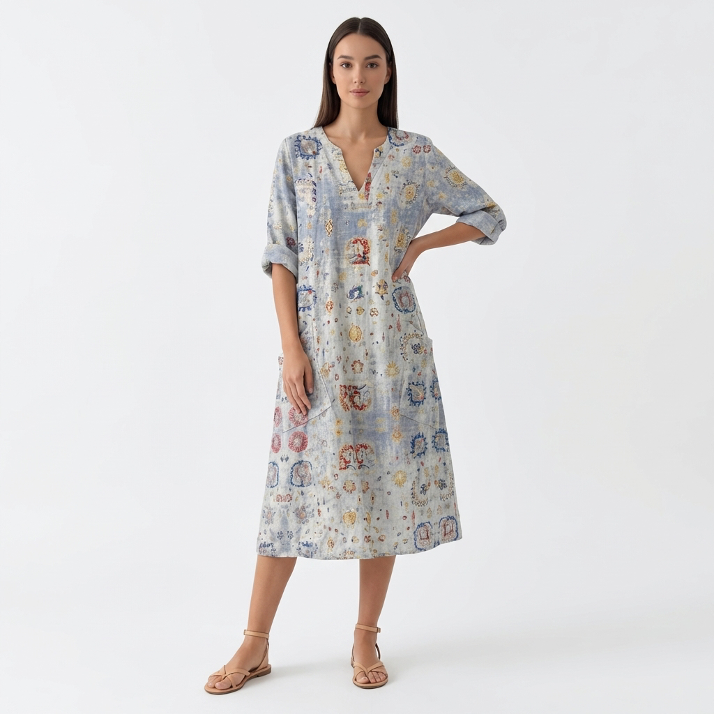 Femme Robe Maxi à Col V à Manches 3/4 avec Poches | Style Vintage