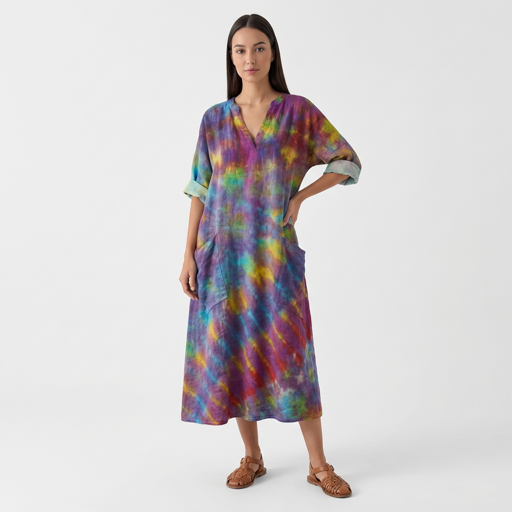 Femme Robe Maxi à Col V à Manches 3/4 avec Poches | Style Vintage