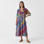 Femme Robe Maxi à Col V à Manches 3/4 avec Poches | Style Vintage