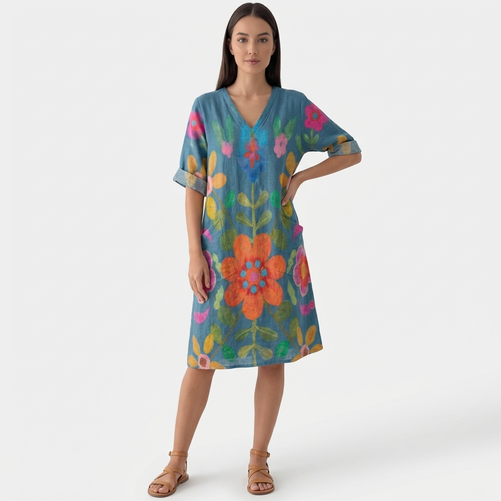 Femme Robe Maxi à Col V à Manches 3/4 avec Poches | Style Vintage